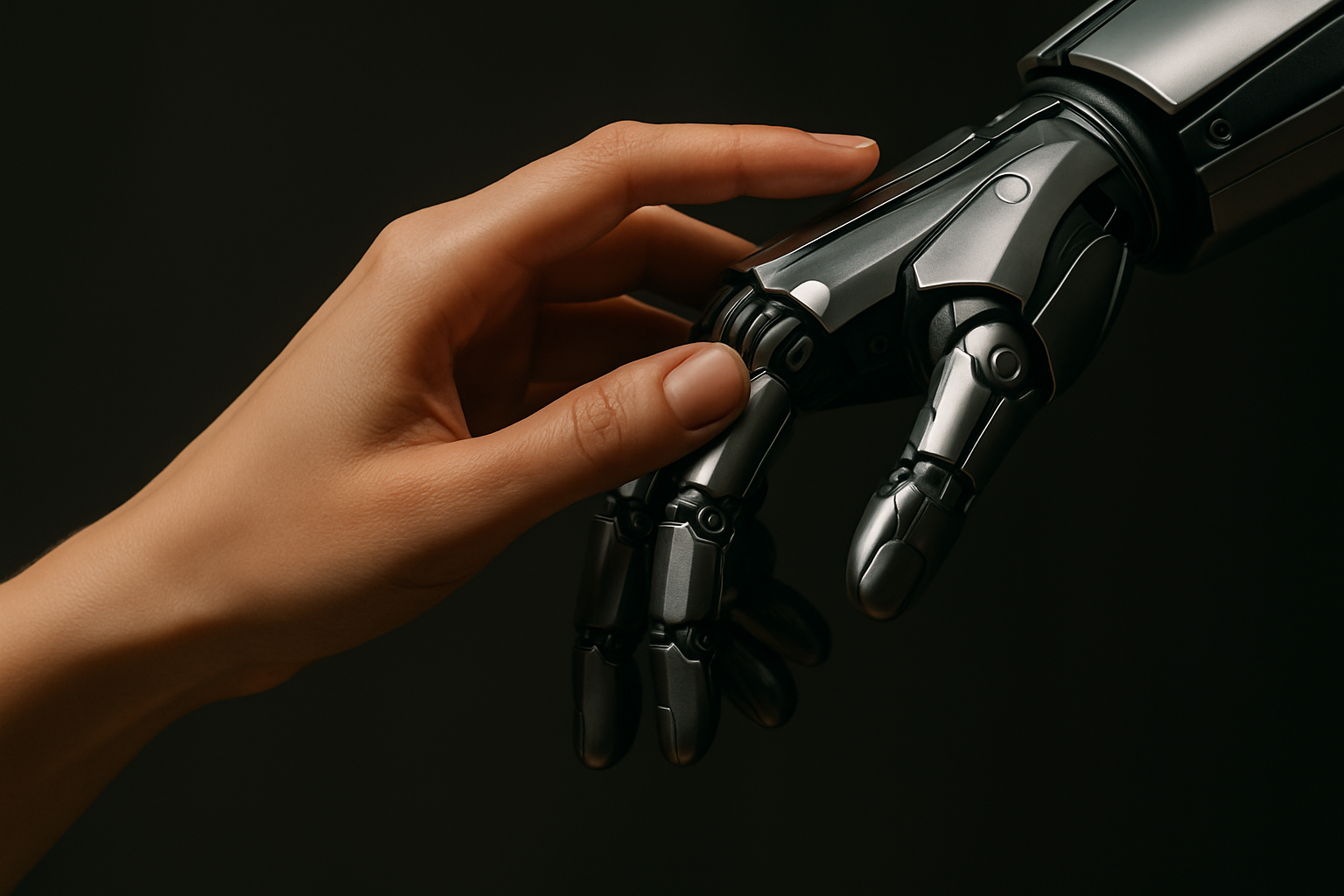 womans hard touching a robot hand